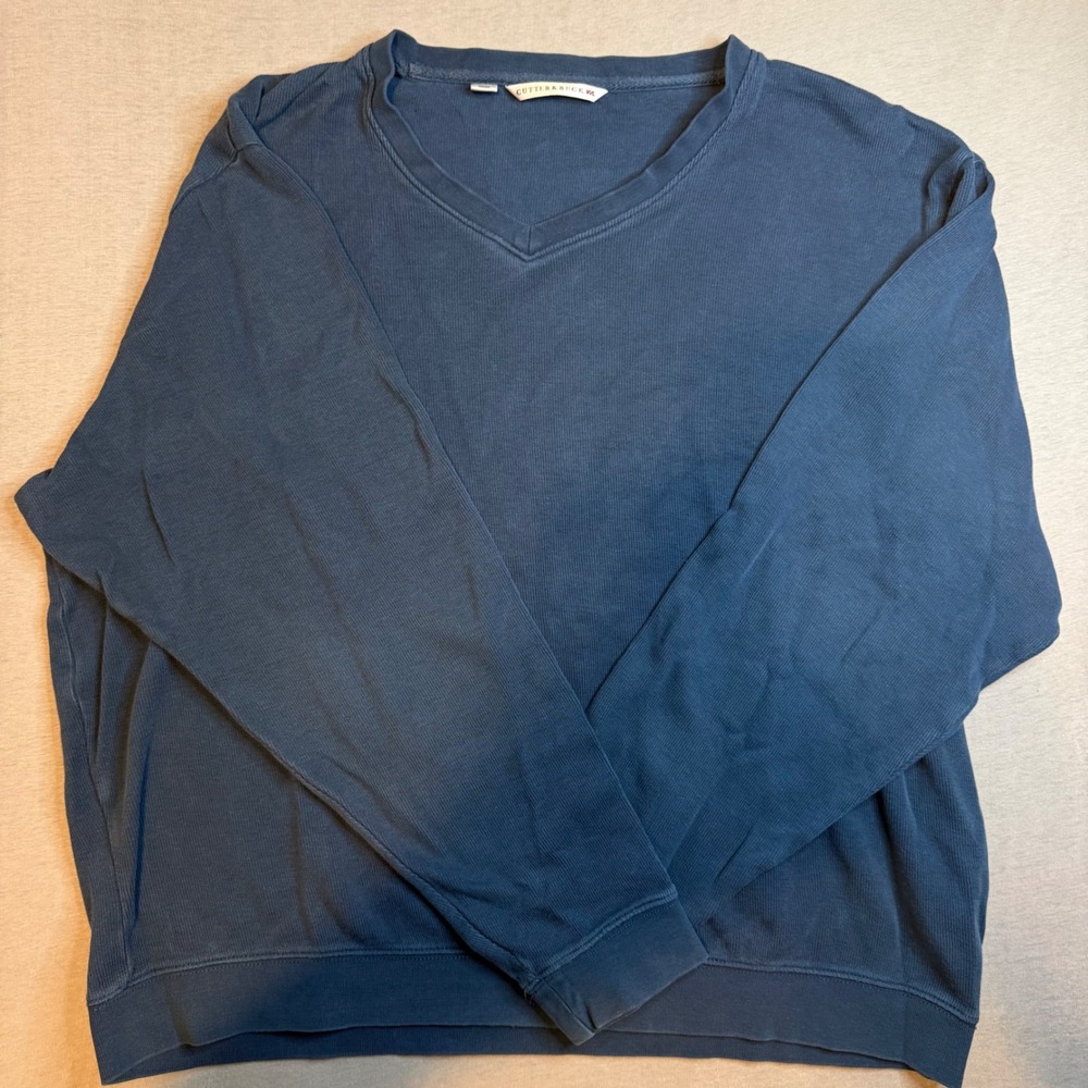 Cutter & Buck Mens Large Blue 100% Pima Cotton V-Neck Ribbed Pullover Sweatshirt
